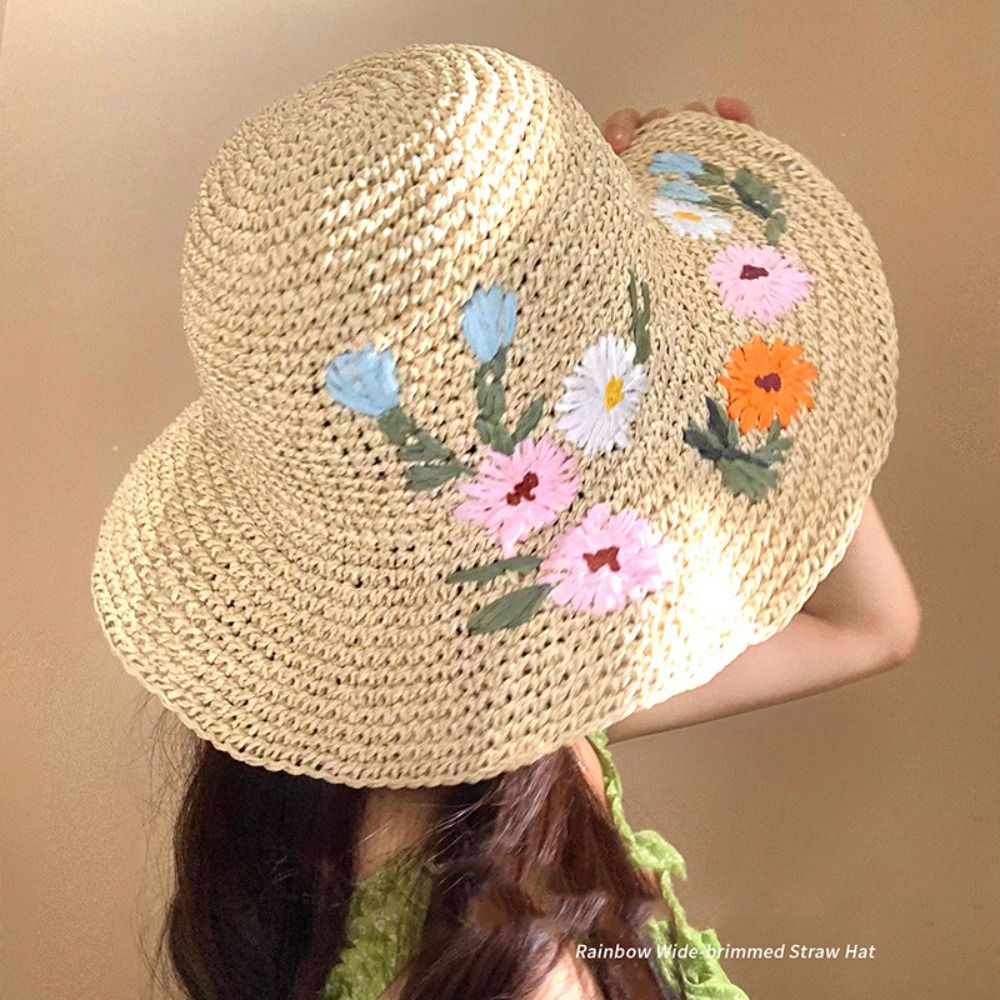Casual%20Colorful%20Flower%20Straw%20Hat%20Boho%20Wide%20Brim%20Women's%20Sun%20Hats%20Lightweight%20Foldable%20Weave%20Hat%20Travel%20-%20Image%203