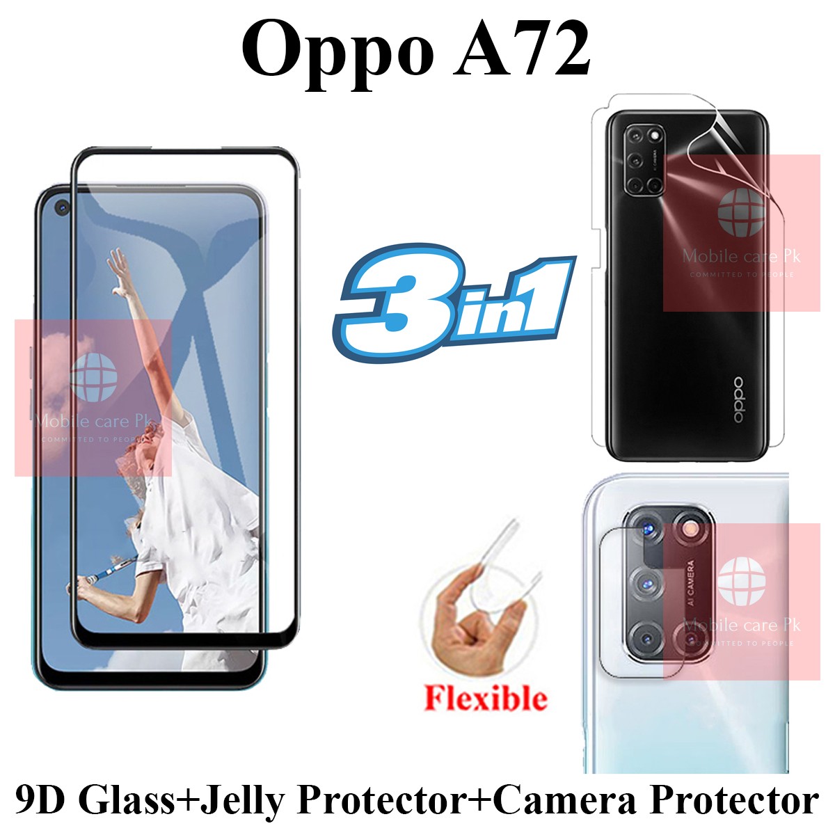 Oppo A72 Full Black 9D|5D|6D|10D|11D|21D Tempered Glass Screen Protector Full Glue  + Back Camera 9H Gorilla Flexible Protector + Back Jelly Protector Clear Soft Protection Film Transparent Hydrogel Film Protector For Oppo A72. 