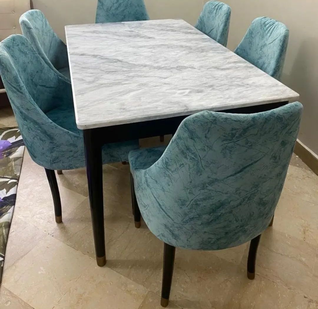 customizedFour seater dinig table set, marble top textured dinig table top, valvet up. 