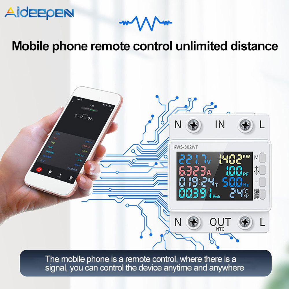 Aideepen Đồng hồ đo năng lượng kỹ thuật số đa chức năng Din Rail Power Meter Đồng hồ kWh với màn hình LED AC170-300V