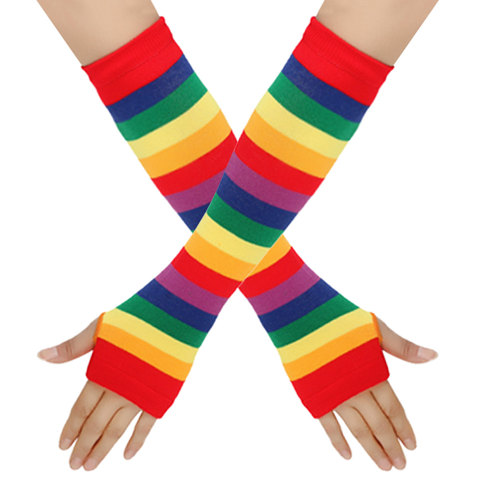 Knitted Wrist Sleeves Striped Fingerless Gloves Cotton Wrist Sleeves Women's Fingerless Gloves Rainbow Striped Gloves Rainbow Striped Arm Warmers