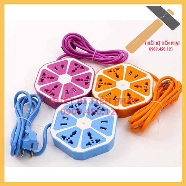 Ổ cắm điện hình trái cam 5 lỗ cắm, 3 chấu, 2 cổng usb dây dài 1,5m.