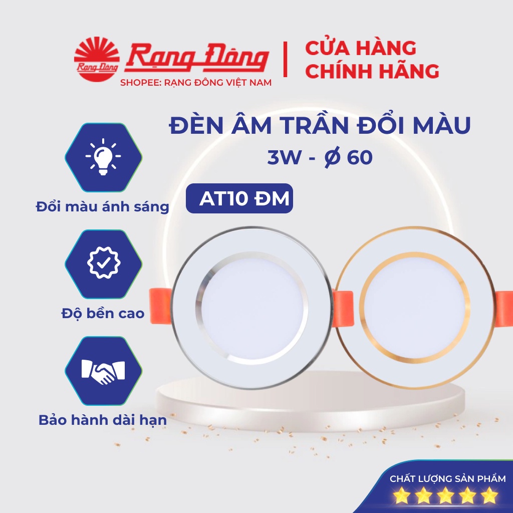 Đèn led âm trần đổi màu rạng đông, mắt trâu downlight 3w lỗ trần phi 60 model:at10 đm 60/3w