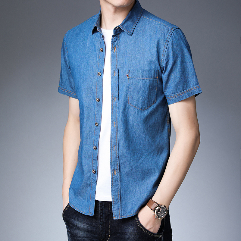 Cv miễn phí vận chuyểnwoma áo sơ mi denim ngắn tay cho nam áo sơ mi mỏng thanh niên mùa hè áo sơ mi denim đã giặt 1127