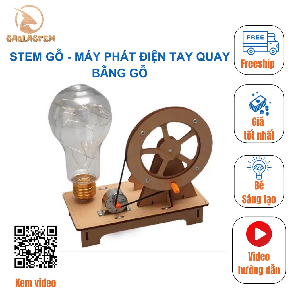 Đồ chơi stem - bộ lắp ráp máy phát điện quay tay bằng gỗ diy - stem khoa học, giáo dục, trí tuệ.