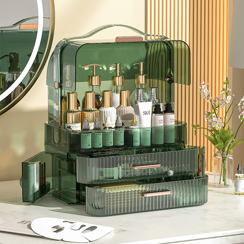 Transparent dustproof cosmetics storage box Desktop double open drawer type clamshell storage cabinet Large capacity Save space storage rack