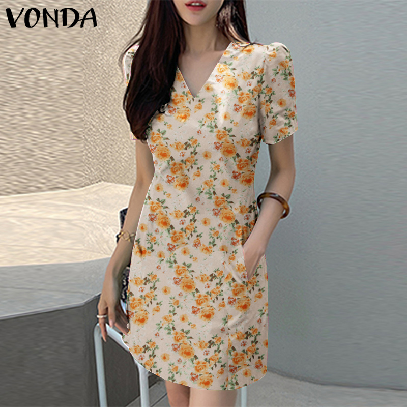 VONDA Women Korean Casual Pleating Puff Sleeve V-Necked H-Line Floral  Dresses (Korean Causal) | Daraz.lk