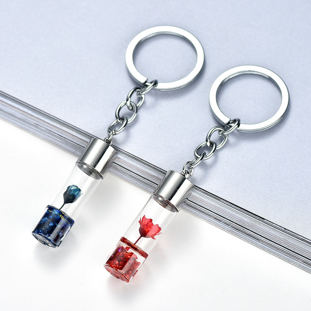 NGPV0 Fashion Gift Eternal Flower Plant Glass Bottle Dry Flower Key Rings Key Chain Bag Pendant Keychain