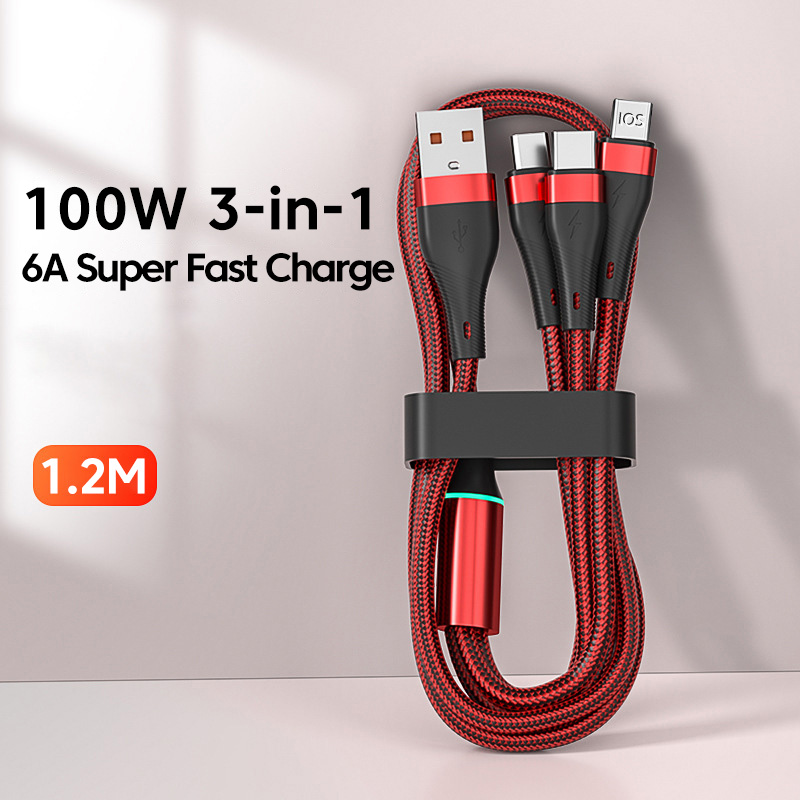 Elough 100w 3 in 1 usb fast charging cable for iphone haiwei 6a type c charging data cable multi port micro usb charging wire