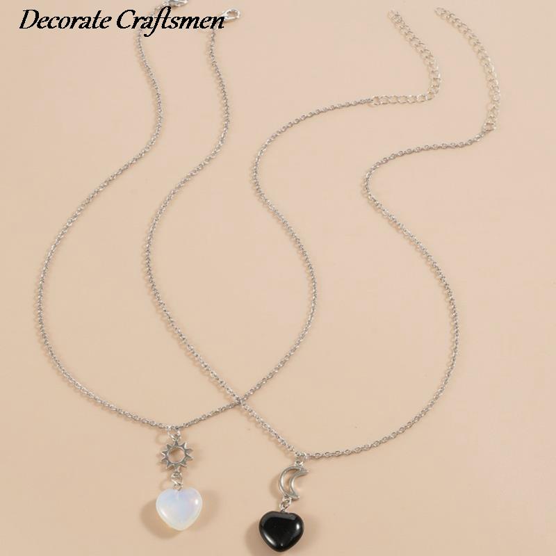 Yuanyan 1 Pair Natural Quartz Crystal Hexagonal Column Heart Pendant Necklaces Moon Couple Necklace Valentine's Day Gift. 