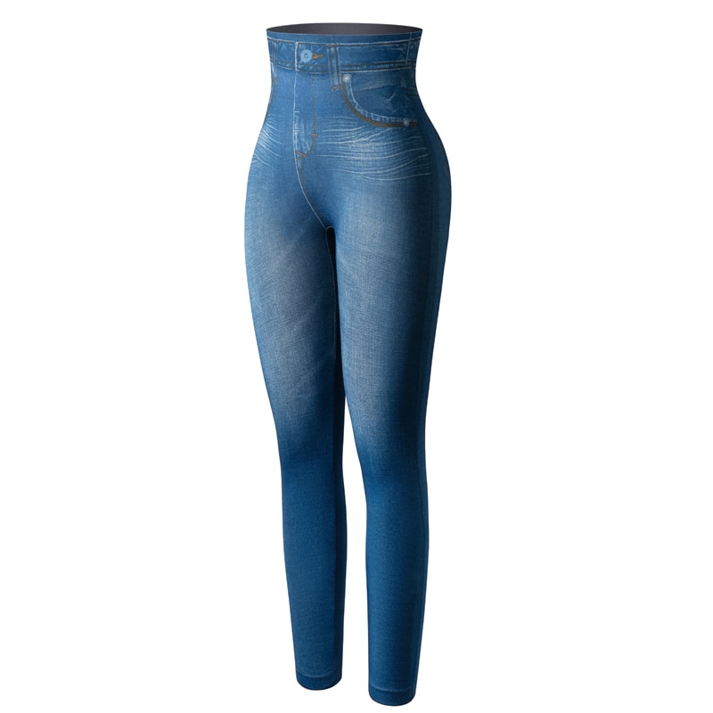 Women Jeggings Faux Denim Jeans Leggins High Waisted Tummy Control