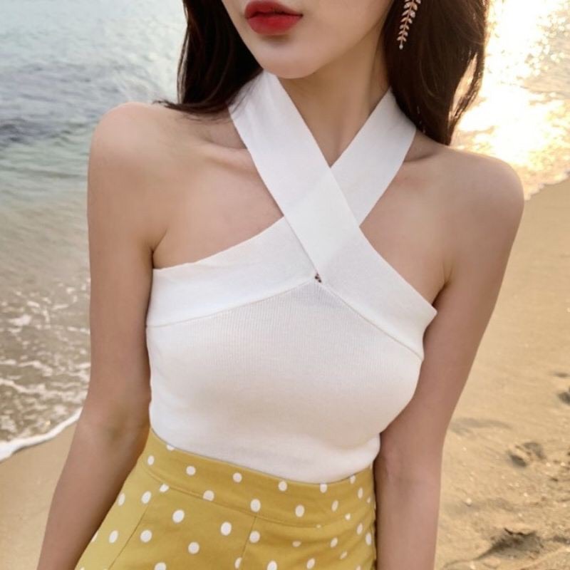 (Siêu rẻ) Áo Cropto Cổ Yếm Đan Chéo Hàng đẹp co giãn 4 chiều