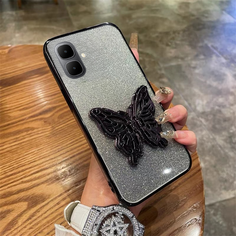 New Phone case infinix Smart10 Plus Back cover with Cute Butterfly Stand Luxury Slim Gradient Clear Plating Glitter Girls For infinix Smart 10+ case.