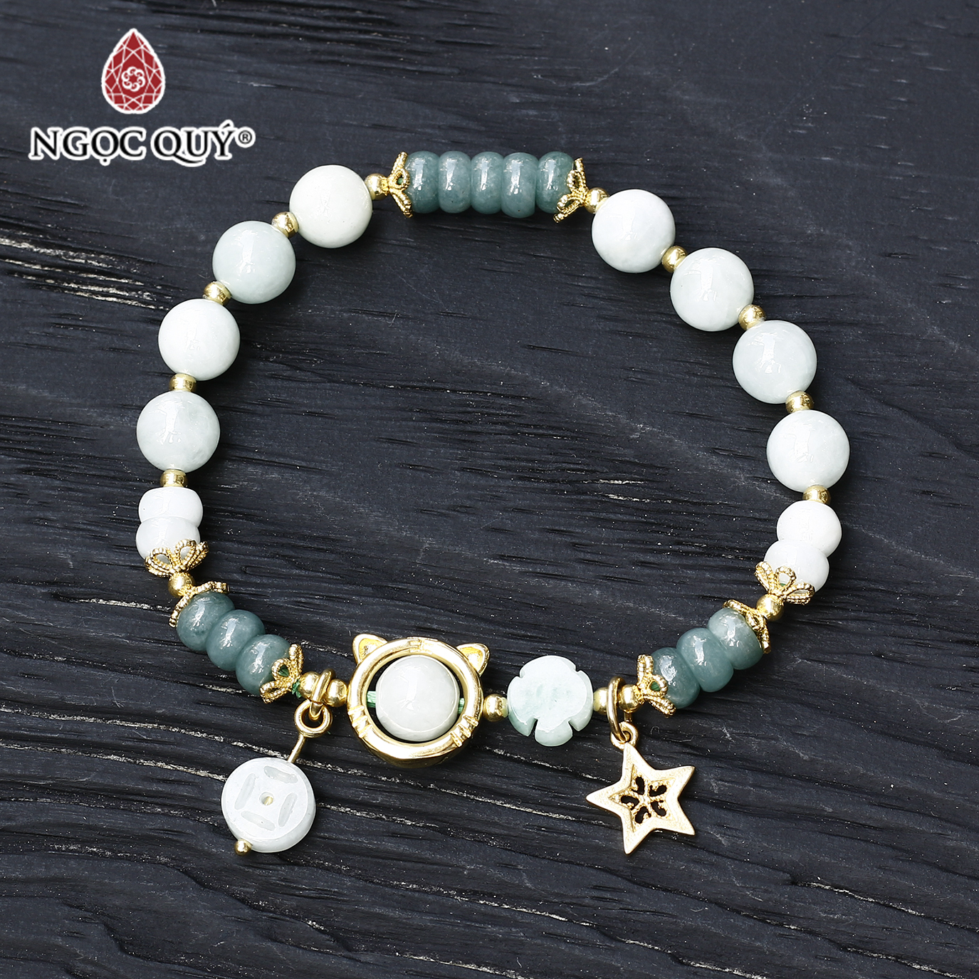 Vòng cẩm thạch phỉ thúy phối lam ngọc charm bạc hạt 7mm mạ vàng - Ngọc Quý Gemstones