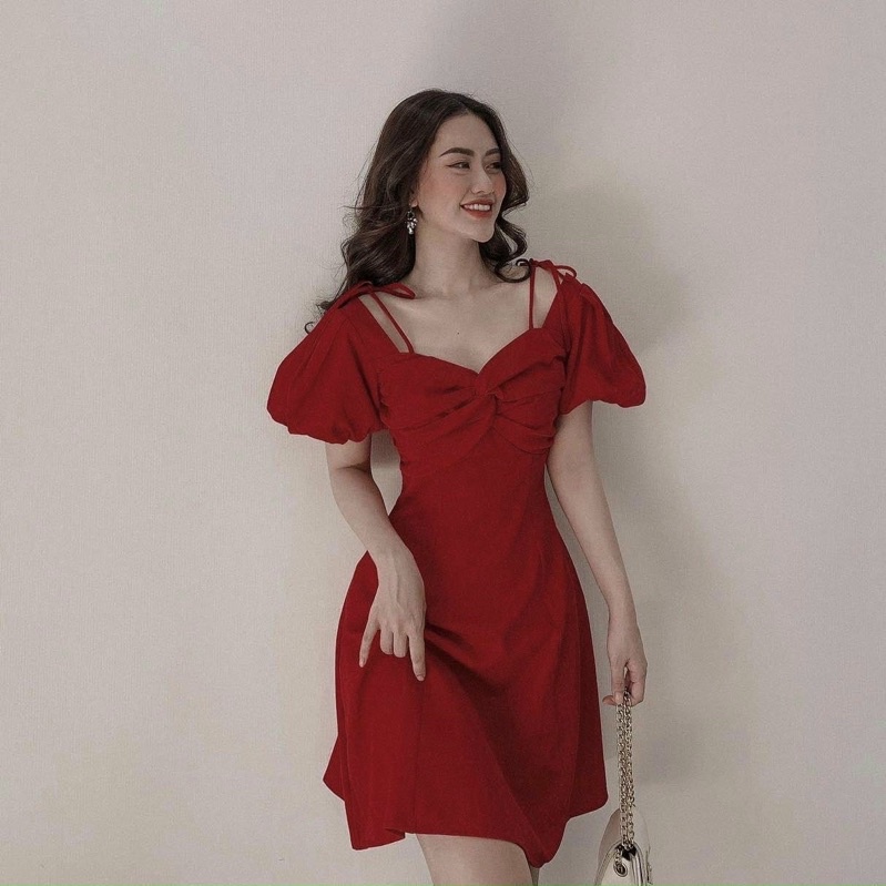 Đầm xoắn ngực nơ vai 2 màu
