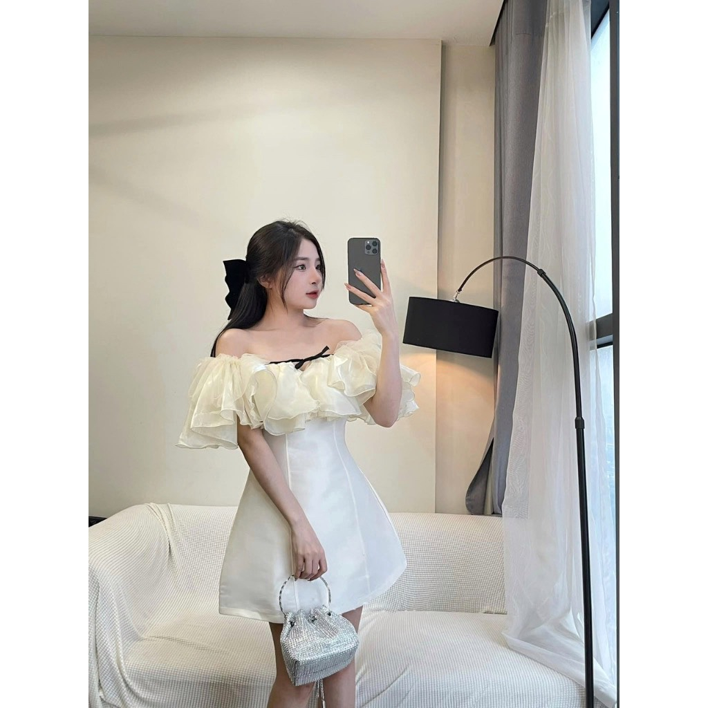 Váy trễ vai tafta phối tơ óng dây buộc ngực 3 màu, đầm dự tiệc