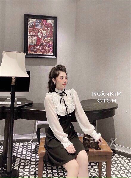 Đầm tiểu thư tay phồng, đầm nữ dáng suông, váy đi tiệc nữ, đầm đính nút, váy bánh bèo, đầm nữ viền bèo, đầm nữ cổ trụ sang chảnh