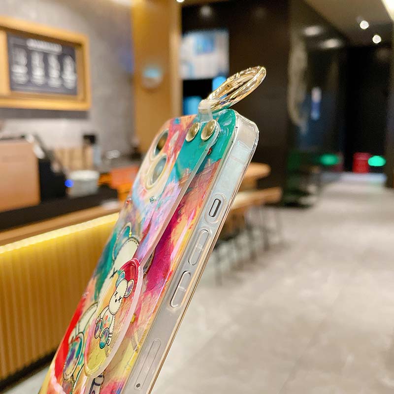 Phim hoạt hình Bling Vòng đeo cổ tay Gấu bạo lực Vỏ điện thoại cho Iphone14Promax 14Plus 13 13promax 12 Pro Max 11 7 8Plus XR XS MAX Vòng đeo tay Phụ kiện Bao mềm Coque