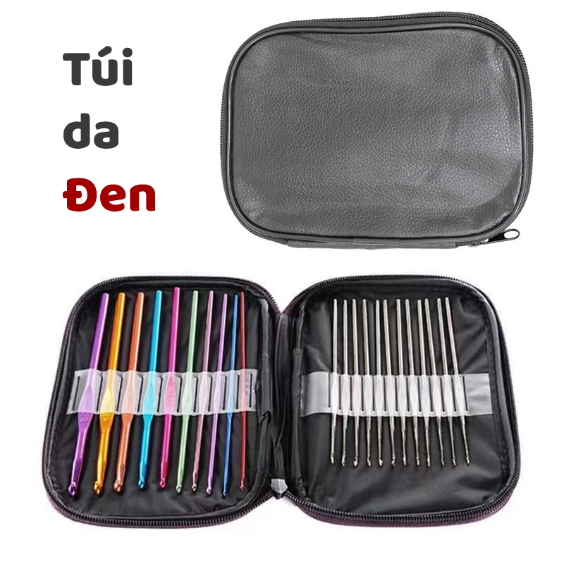 Bộ 22 kim móc len cán nhôm tiện dụng kèm túi da nhiều màu