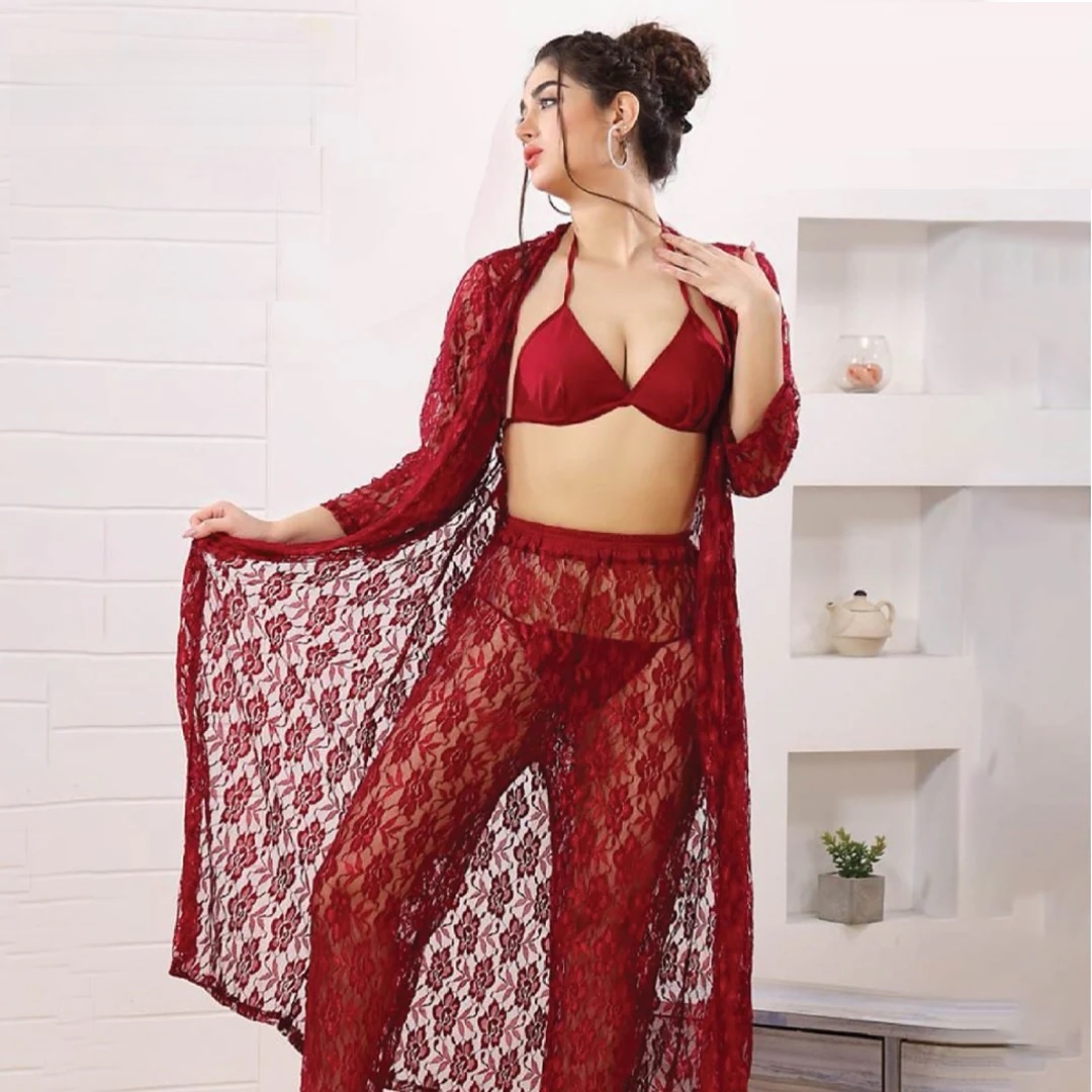 4 Pieces Set Pratiharye Valentine Special! Babydoll Nightwear Net Robe/Negligee/Chemise with Bikini Set|Hot & Saxy|for Honeymoon/First Night Anniversary for Women/Girls.