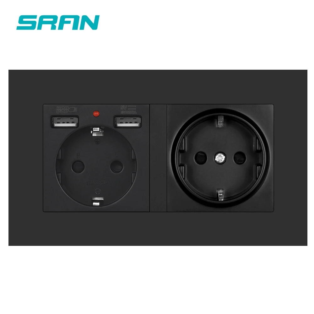 【Limited Time Only】 Sran Eu 2gang Power Socket 16a Electrical Plug Grounded Hide Led Indicator Double Socket With Usb 146*86mm Pc Panel Wall Socket