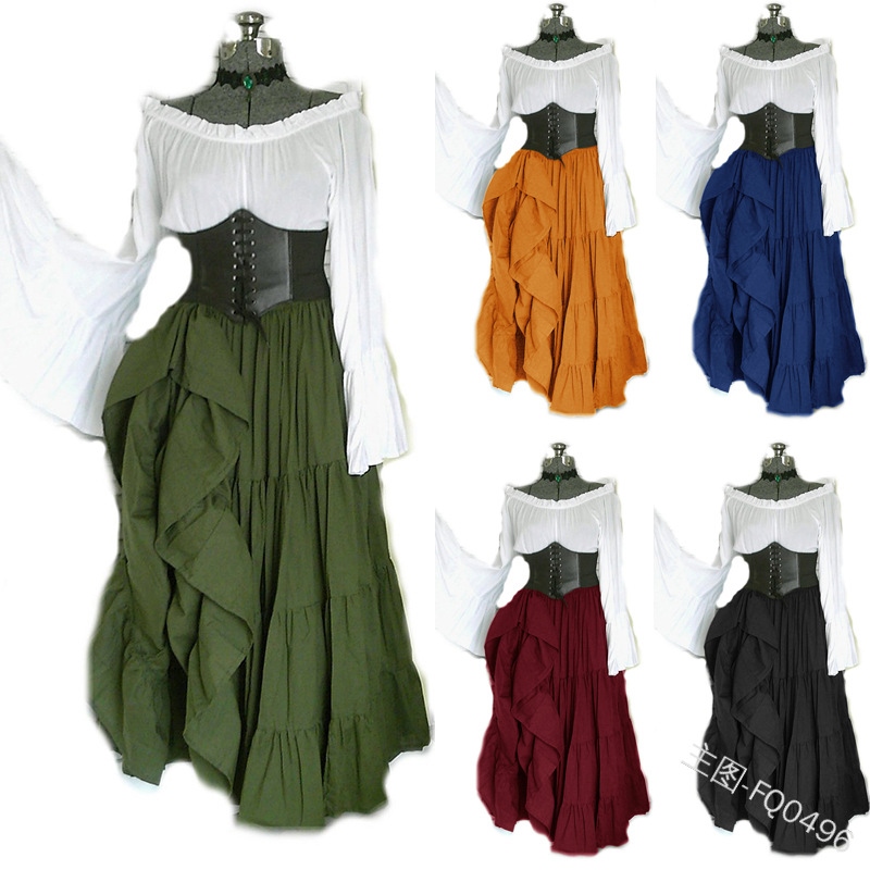 Womens Renaissance Blouse Tops Corset Waist Belt Medieval Victorian Off Shoulder Long Sleeve Shirt Pirate Cosplay Costumes