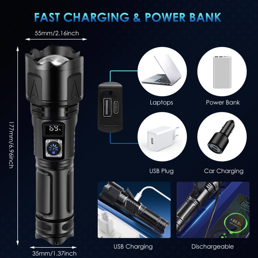 Đèn pin Led siêu sáng, đèn pin sạc mạnh mẽ, đèn pin USB với zoom và 26650 B/A/T/E/R/Y/, đèn pin để cắm trại LED sáng và sử dụng thường nhật.