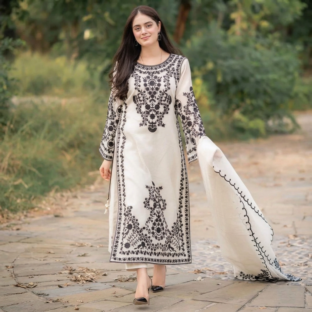 3Pc Party Wear Embroidered Suit For Women Summer Cotton Silk Fabric Wedding Formal Style Multiple Color
