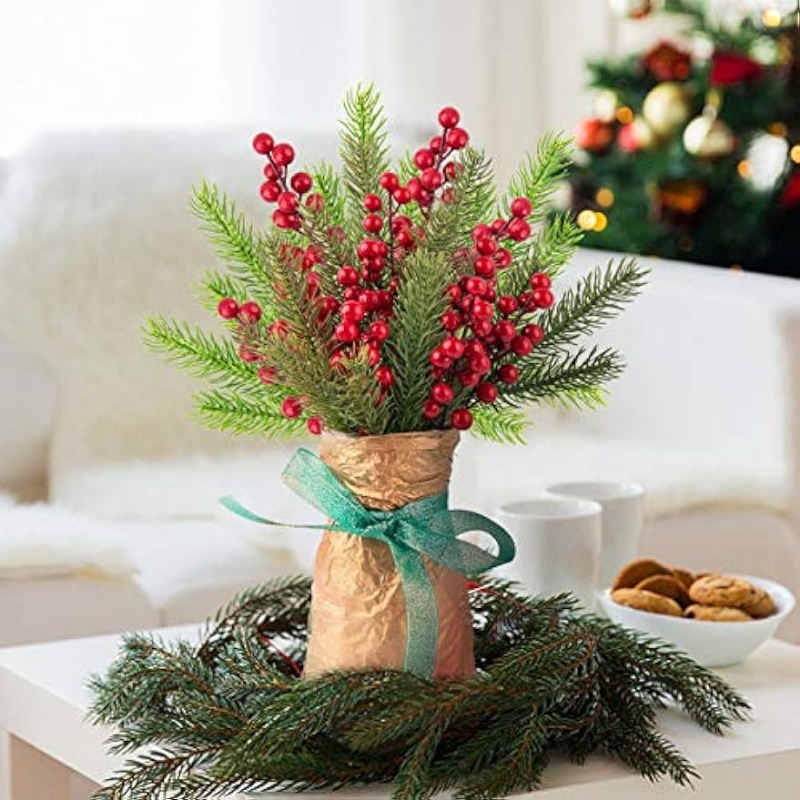 1/10 Pieces Artificial Pine Branches Christmas Holly Berries Artificial Red Berry Stems for Christmas Wreath Decorations Xmas Tree Decoration