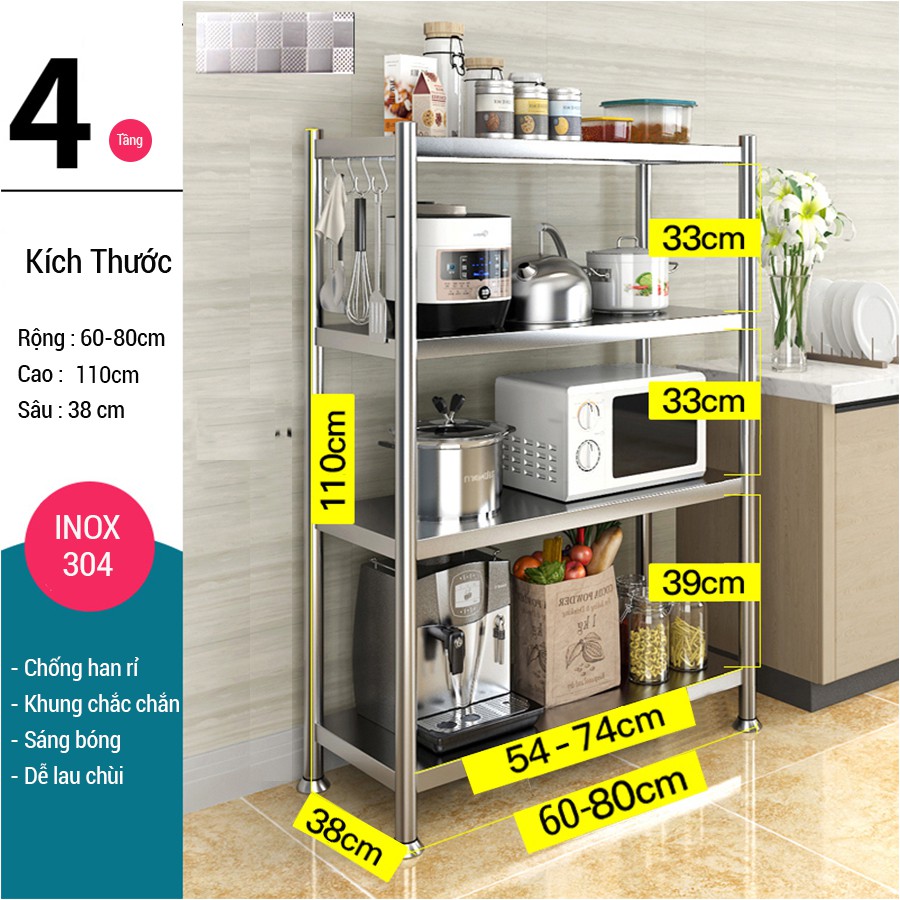 kệ inox 4 tầng để đồ nhà bếp đa năng