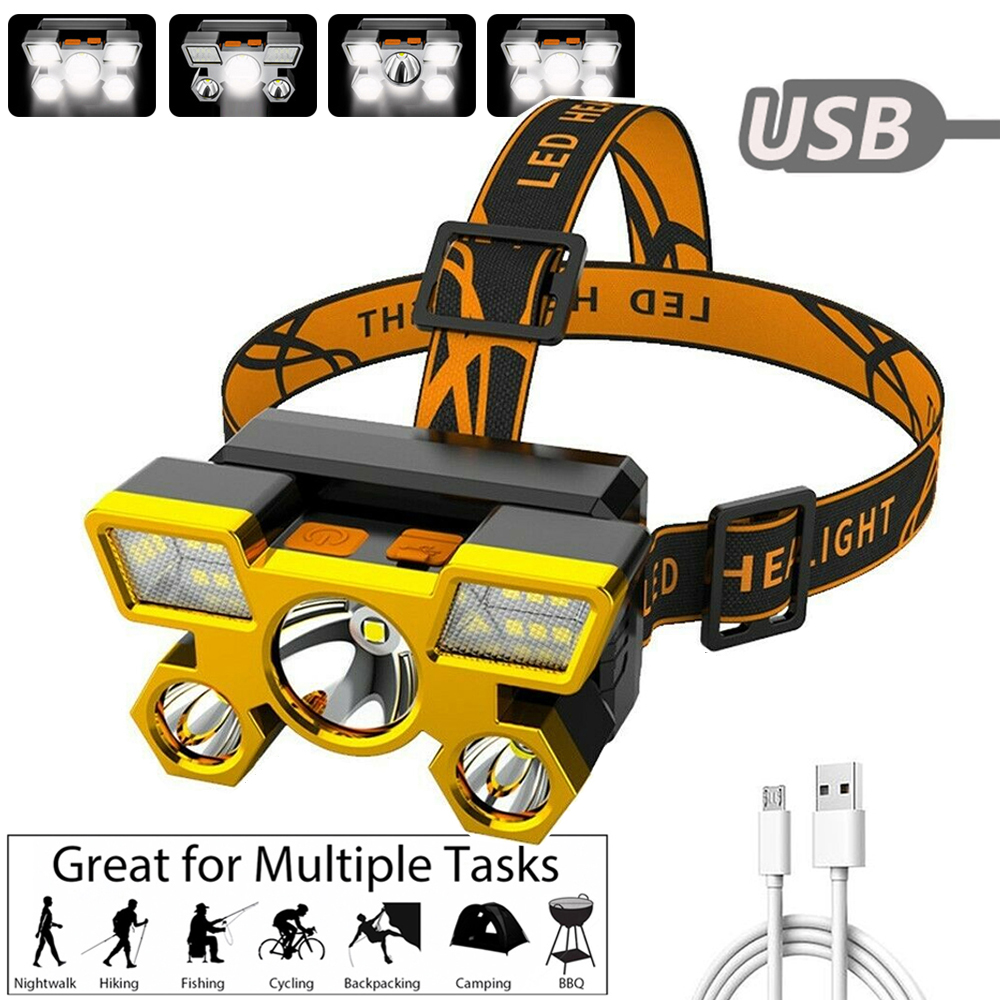 Original 5 LED headlight, IPX4 warning function portable outdoor waterproof USB 4 modes flashlight camping lamp powerful flashlight