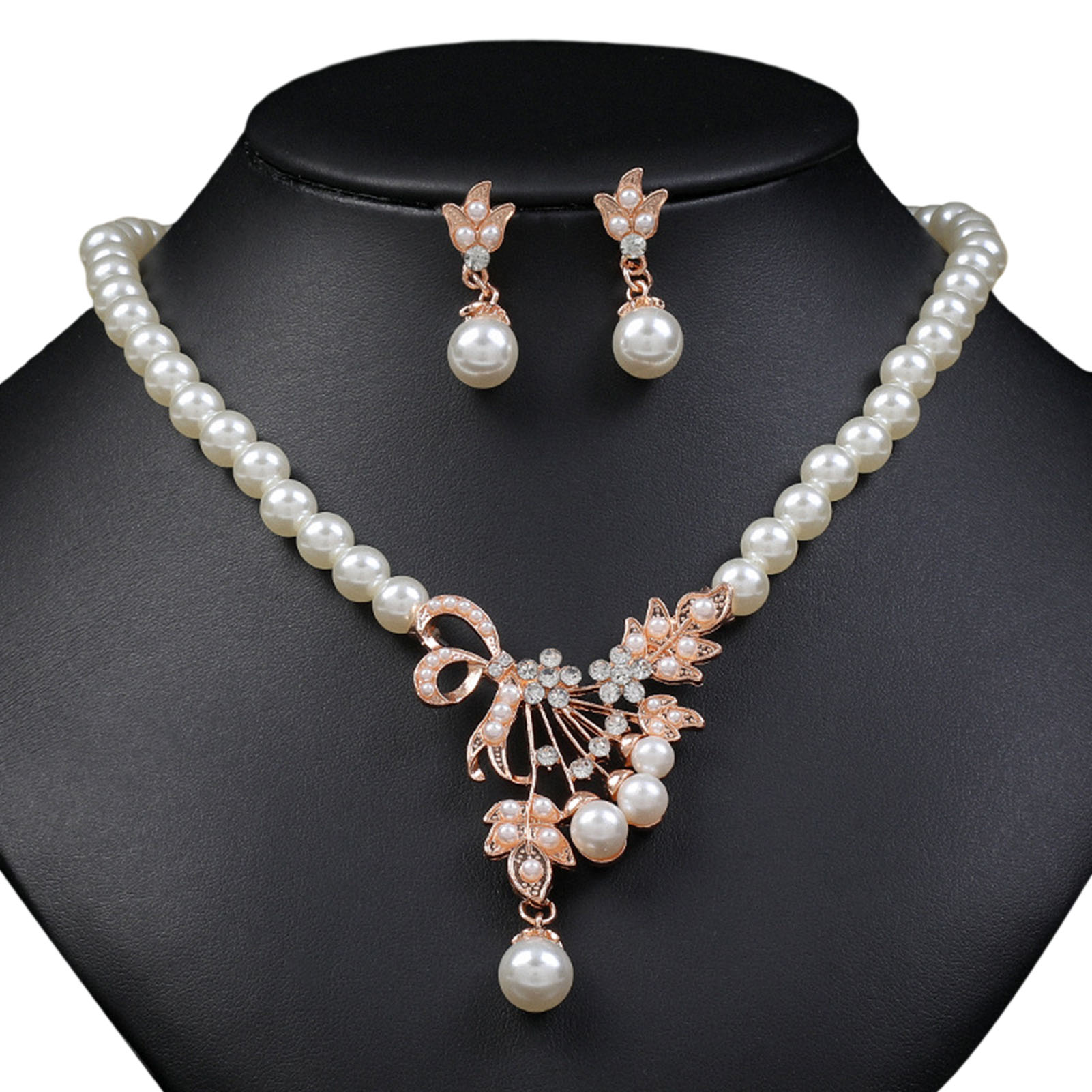 Talent Star Wedding Rhinestone Flower Pendant Jewelry Set Rhinestone Necklace Earrings Set Rhinestone Flower Wedding Jewelry Set with Pearl Necklace and Earrings 2pcs/set Adjustable