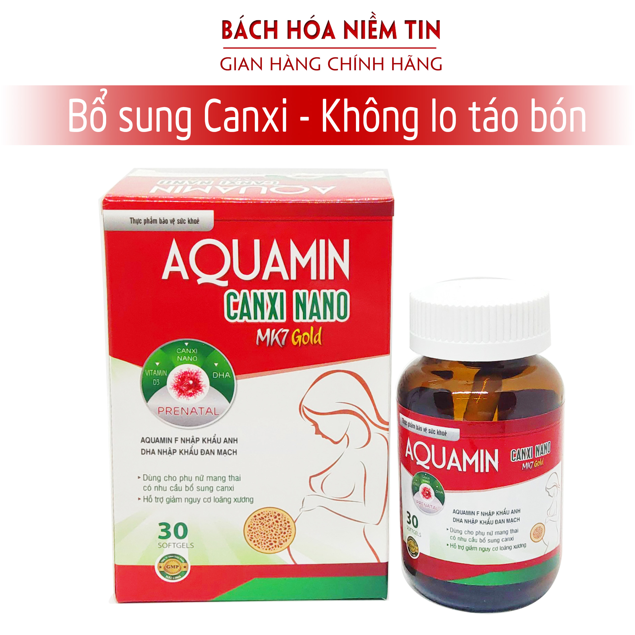 Viên Uống Bổ Sung Canxi, Vitamin D3, Vitamin K2 Aquamin Canxi Nano MK7 Red Phát triển hệ xương, chắc khỏe xương, giảm loãng xương - Hộp 30 viên Sử dụng cho bà bầu, trẻ em và người lớn
