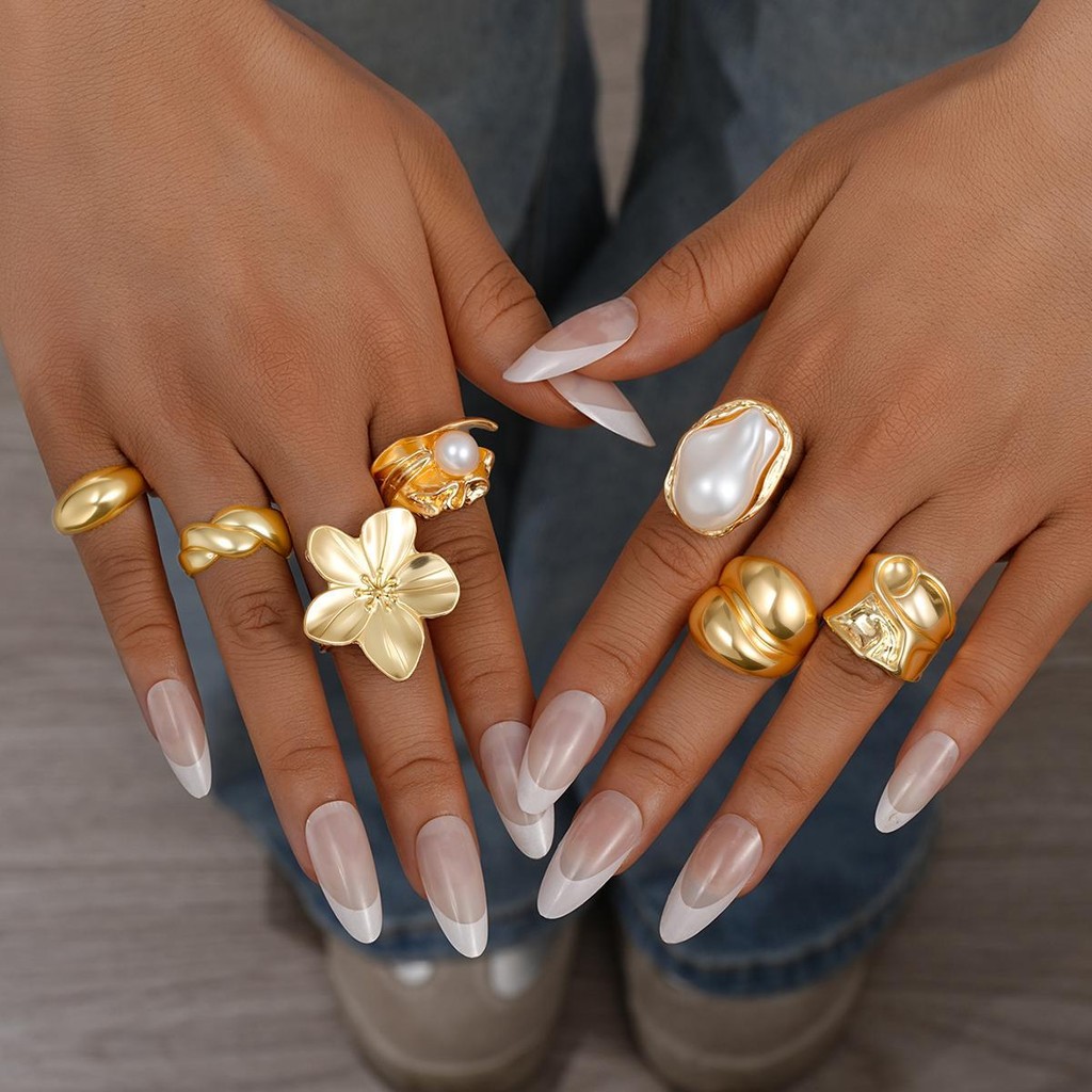 Enacolor%20Elegant%20Women%20Exaggeration%20Irregular%20Geometry%20Flower%20Ring%20Set%20Gold%20Metal%20Pearl%20Joint%20Open%20Rings%20Jewelry%20Accessories%20-%20Image%202