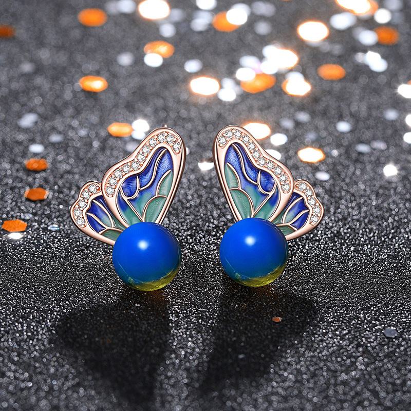 Her Lab Jewelry | Chinese style design earrings 18K rose gold plated enamel painted inlaid second generation blue amber color changing butterfly earrings for women