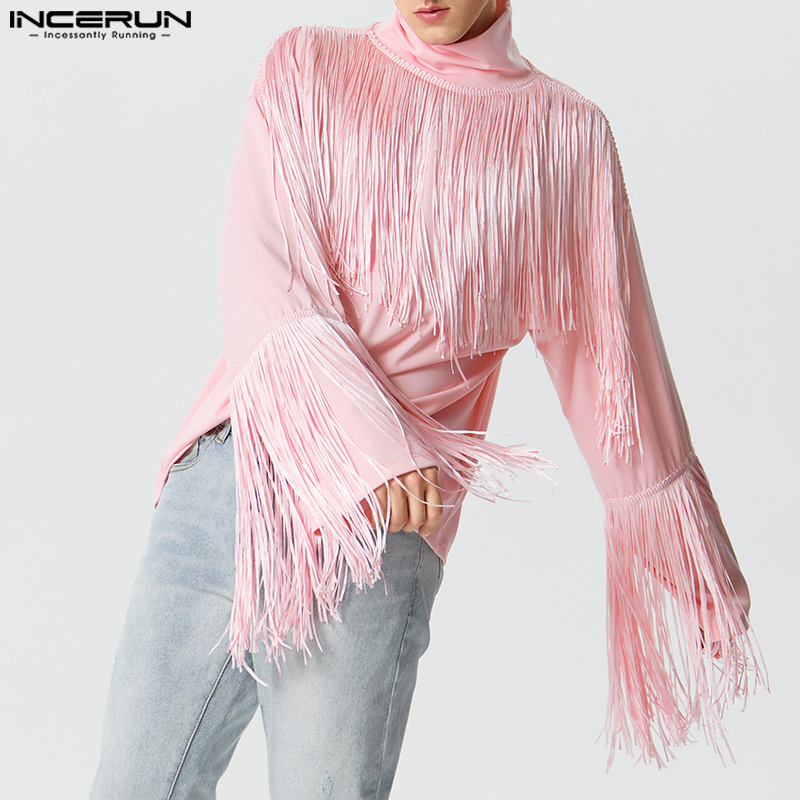 INCERUN Mens Long Sleeve High Neck Personality Party Plain Pullover Tassel Patchwork T-Shirts (Western Style)
