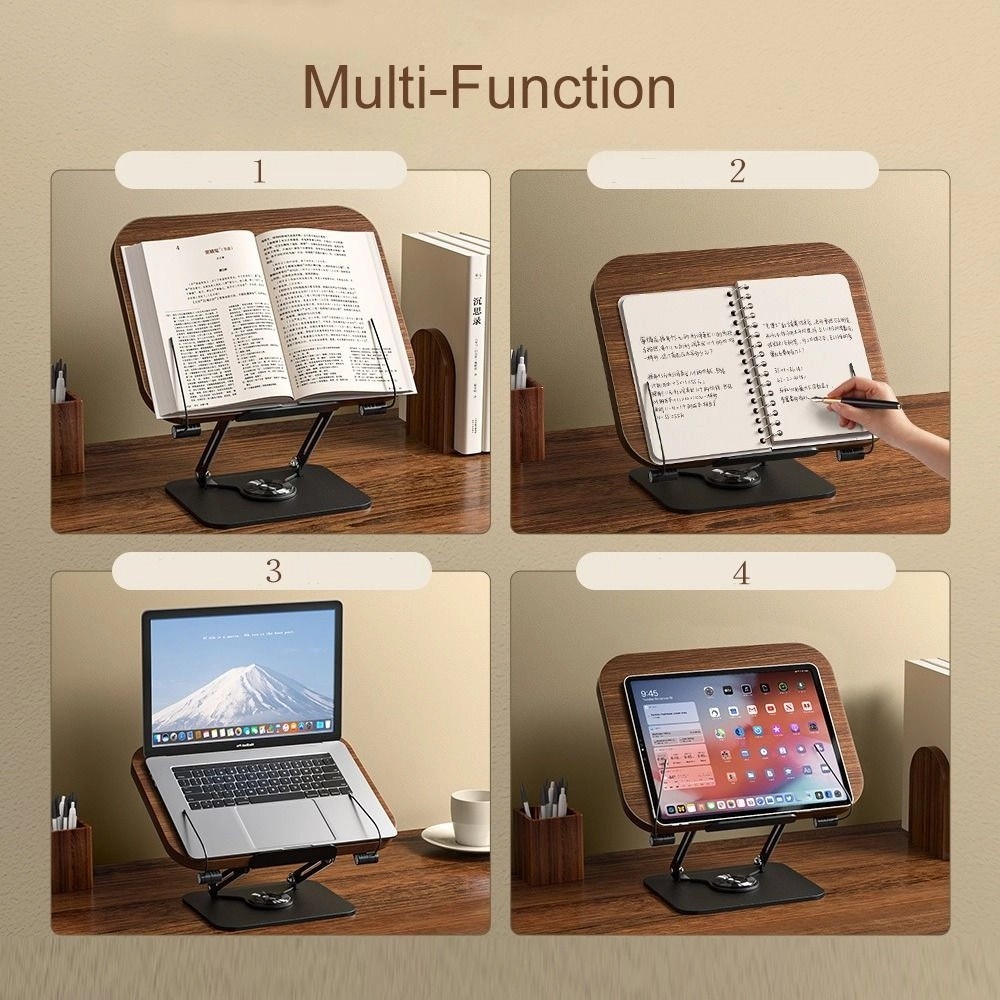 Adjustable Book Risers Multi-Function Solid Wood Reading Rack Foldable 360° Rotating Base Book ...
