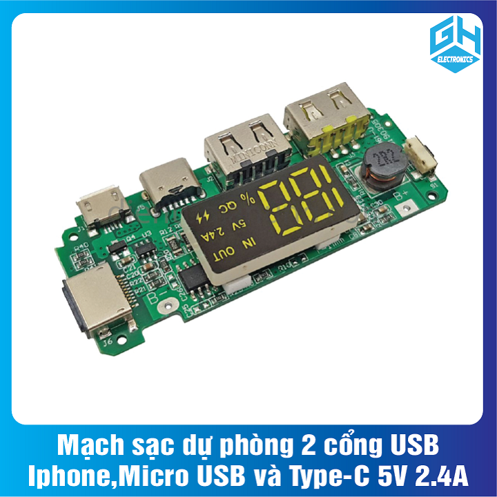 Mạch sạc dự phòng 2 cổng usb, iphone, micro usb và type-c 5v 2.4a