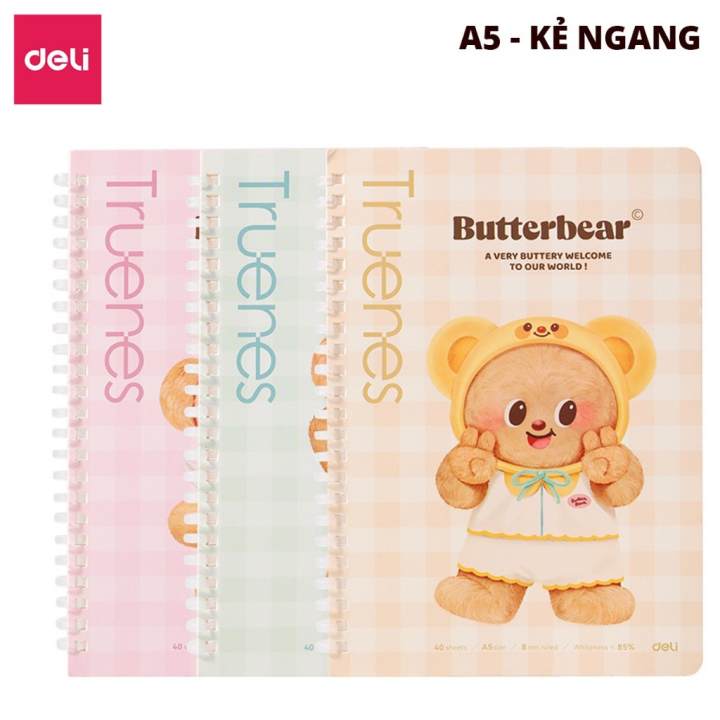 Sổ Lò Xo Deli BUTTER BEAR A5 80 Trang Giấy Kẻ Ngang Chống Lóa Deli - Sổ Tay Ghi Chép Gáy Xoắn Sổ Vở Học Sinh Takenote