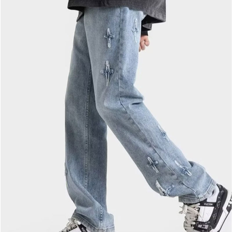 ASRV Men's American vintage jeans fashionable casual straight-leg pants distressed design sense and versatile trousers
