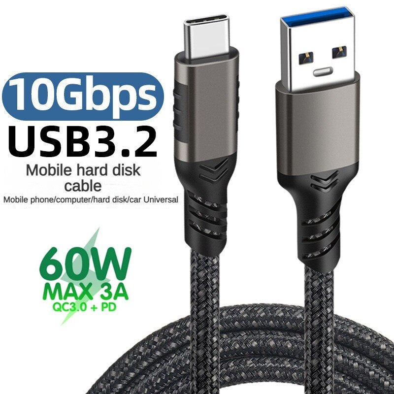 Usb type a to type c cable usb3.2 usb c 3.1 gen2 data cable 10gbps pd 60w/3a usb c ssd hard disk fast charging cord for samsung