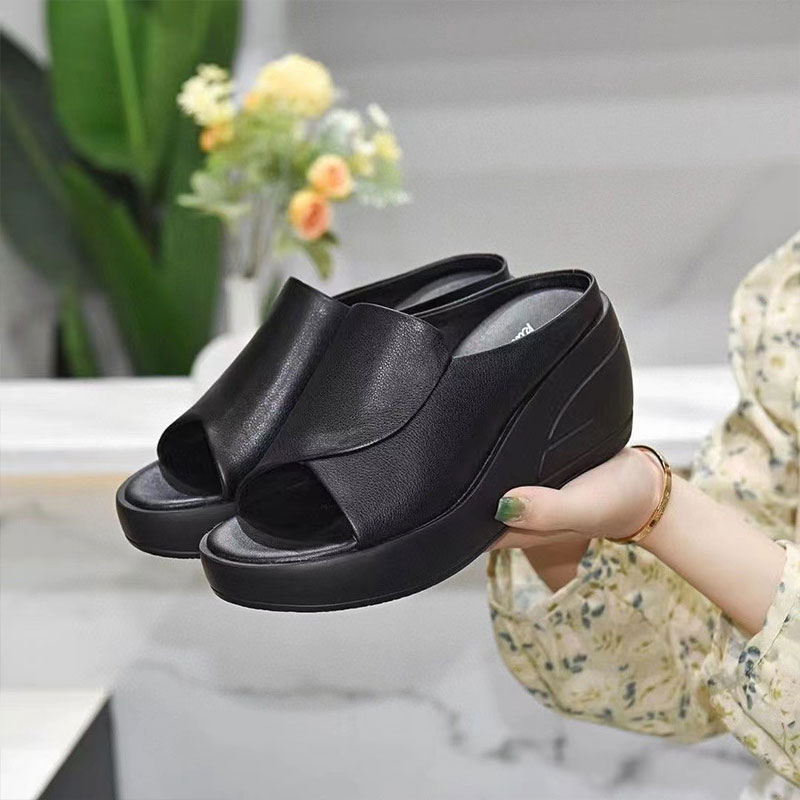 YouthVibes Women's shoes genuine leather wedge heel mules fashionable thick-soled sandals
