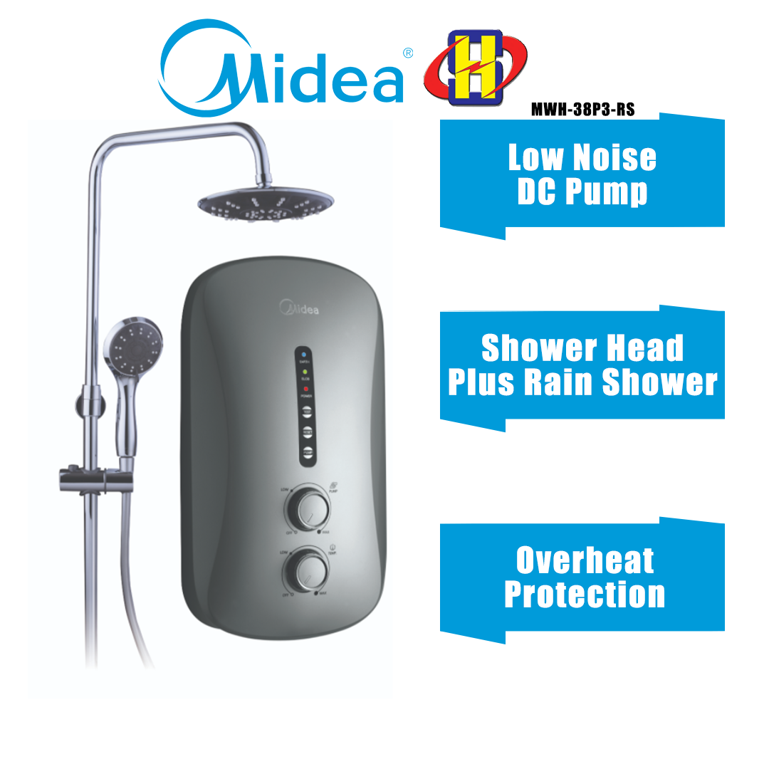 Midea Water Heater (DC Pump/Rain Shower/Black) Auto Flow Sensor Instant