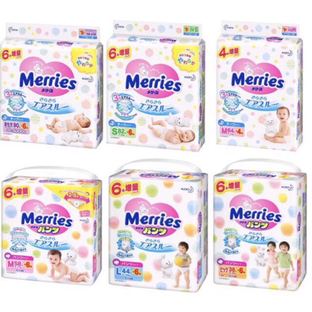 Bỉm dán Merries nội địa Nhật Bản (SS90, S82, M64, L54)