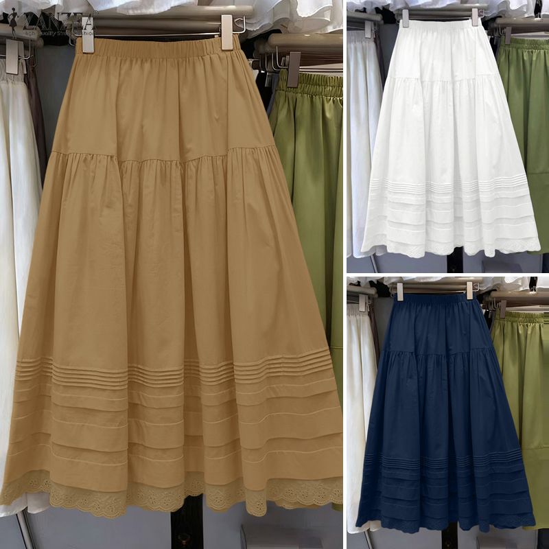 Esolo ZANZEA chắp vá xếp li nữ A-line overskirts váy lưng co giãn dáng rộng thời trang #1229