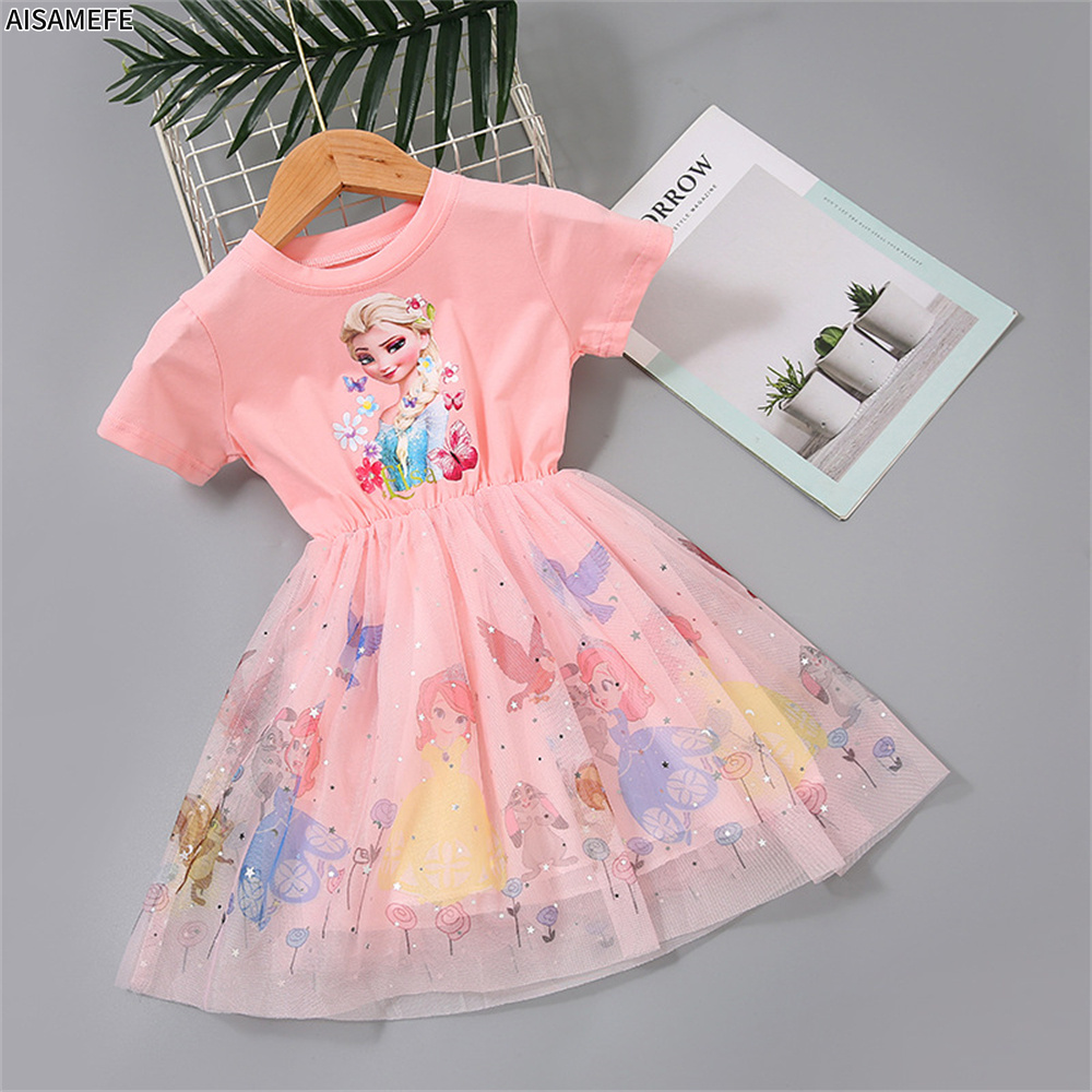AISAMEFE Girls Dress Frozen Princess Cotton Short Sleeve Gauze Skirt Tutu Dress Cartoon Elsa Princess Dress Girls Summer 2022 New Casual Wear