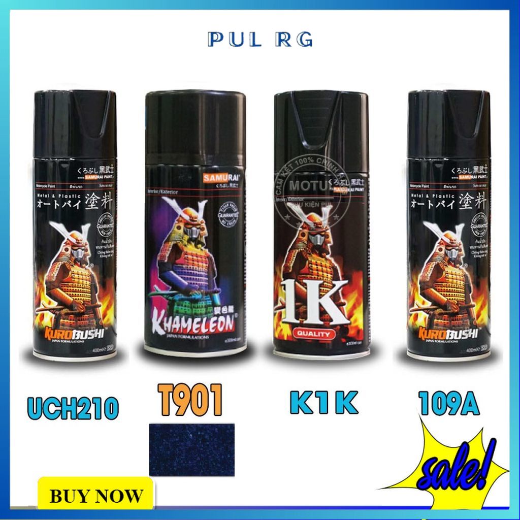 Combo 4 chai sơn samurai màu 3d titan xanh ánh tím gồm T901 - UCH210 - 29/109A - K1K - giấy nhám P800