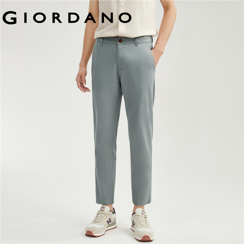 GIORDANO Men Pants Natural Linen Cotton Lightweight Summer Pants Mid Rise Ankle Length Comfort Simple Casual Pants 01123349