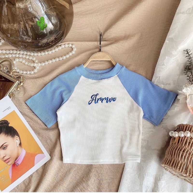 [FREESHIP + VOUCHER] Áo croptop raglan thêu chữ Arrive