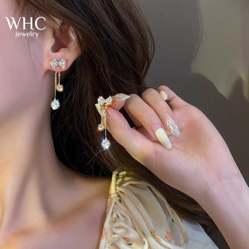 WHC Jewelry Khuyên Tai Đính Đá Zircon Tua Rua Dài Hình Nơ Sáng Bóng Khuyên Tai Phong Cách Xu Hướng Mới Nhất Cho Nữ